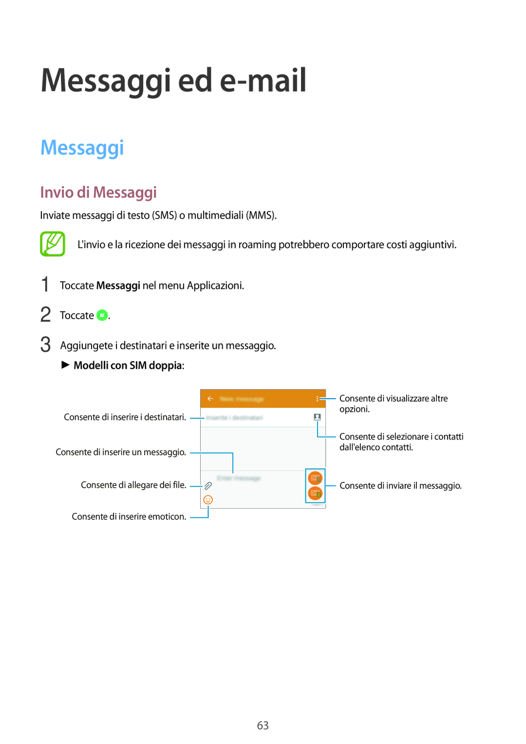 Samsung SM-A500FZWUWIN, SM-A500FZWUPRT, SM-A500FZKUDPL manual Messaggi ed e-mail, Invio di Messaggi, Modelli con SIM doppia 