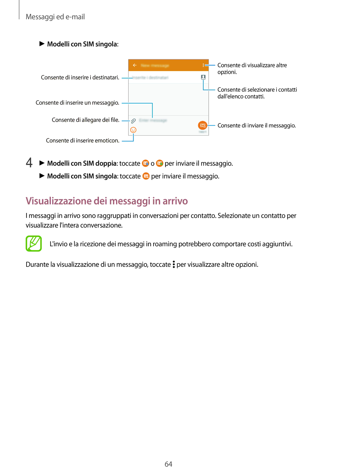 Samsung SM-A500FZWUSWC, SM-A500FZWUPRT, SM-A500FZKUDPL manual Visualizzazione dei messaggi in arrivo, Messaggi ed e-mail 