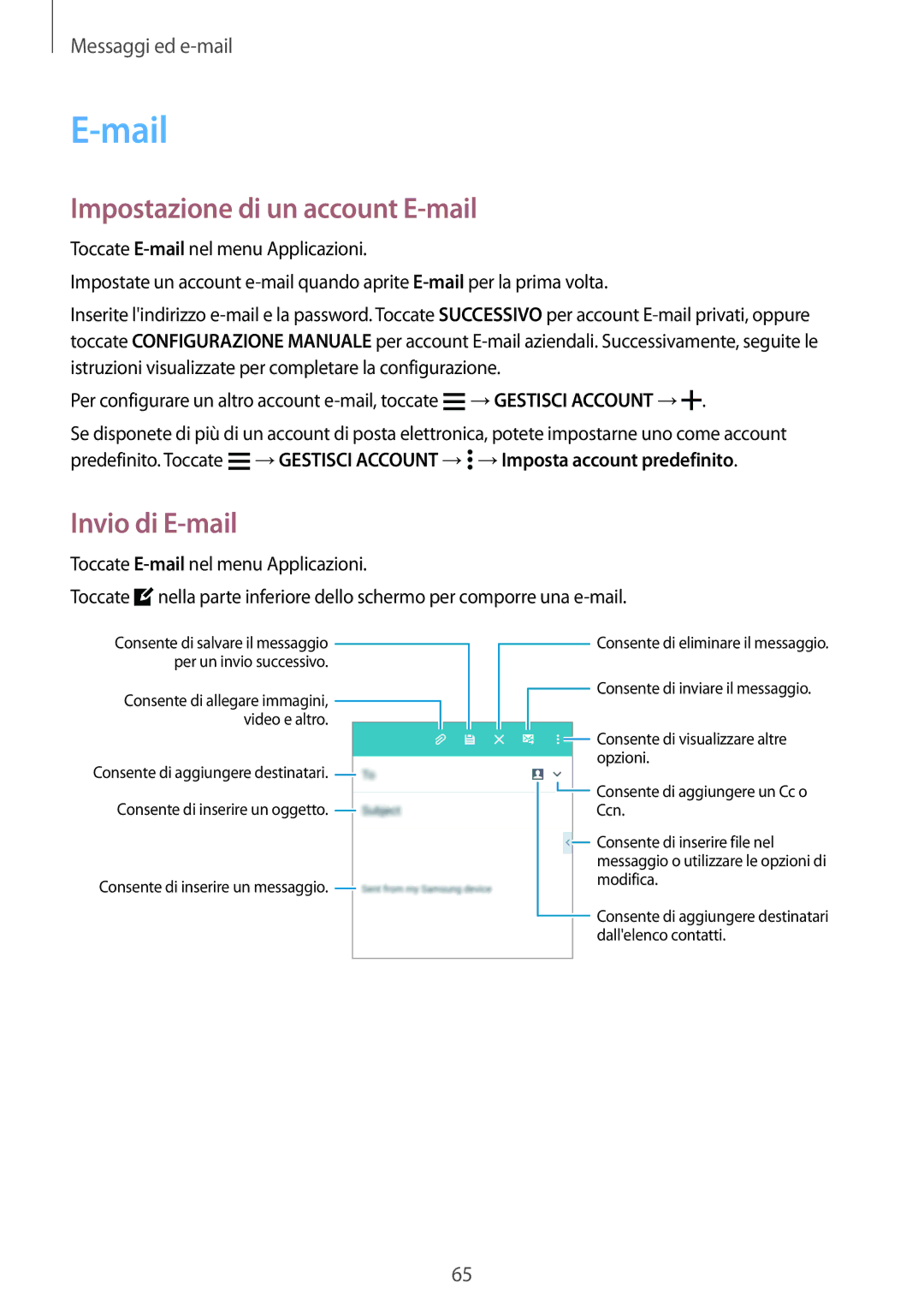 Samsung SM-A500FZWUPLS, SM-A500FZWUPRT, SM-A500FZKUDPL manual Mail, Impostazione di un account E-mail, Invio di E-mail 