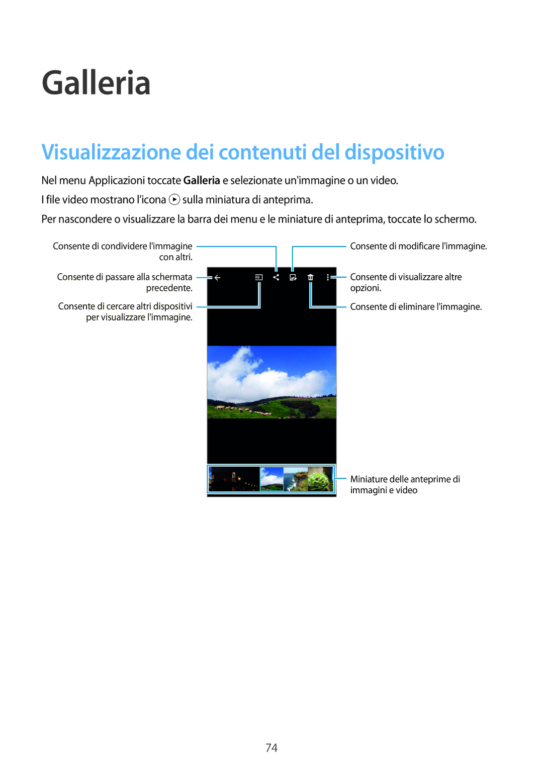 Samsung SM-A500FZKUDBT, SM-A500FZWUPRT, SM-A500FZKUDPL manual Galleria, Visualizzazione dei contenuti del dispositivo 