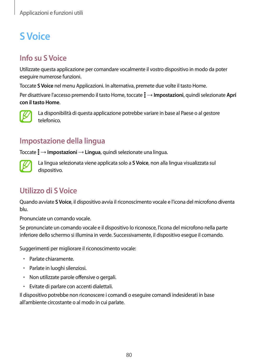 Samsung SM-A500FZSUXEO, SM-A500FZWUPRT, SM-A500FZKUDPL Info su S Voice, Impostazione della lingua, Utilizzo di S Voice 