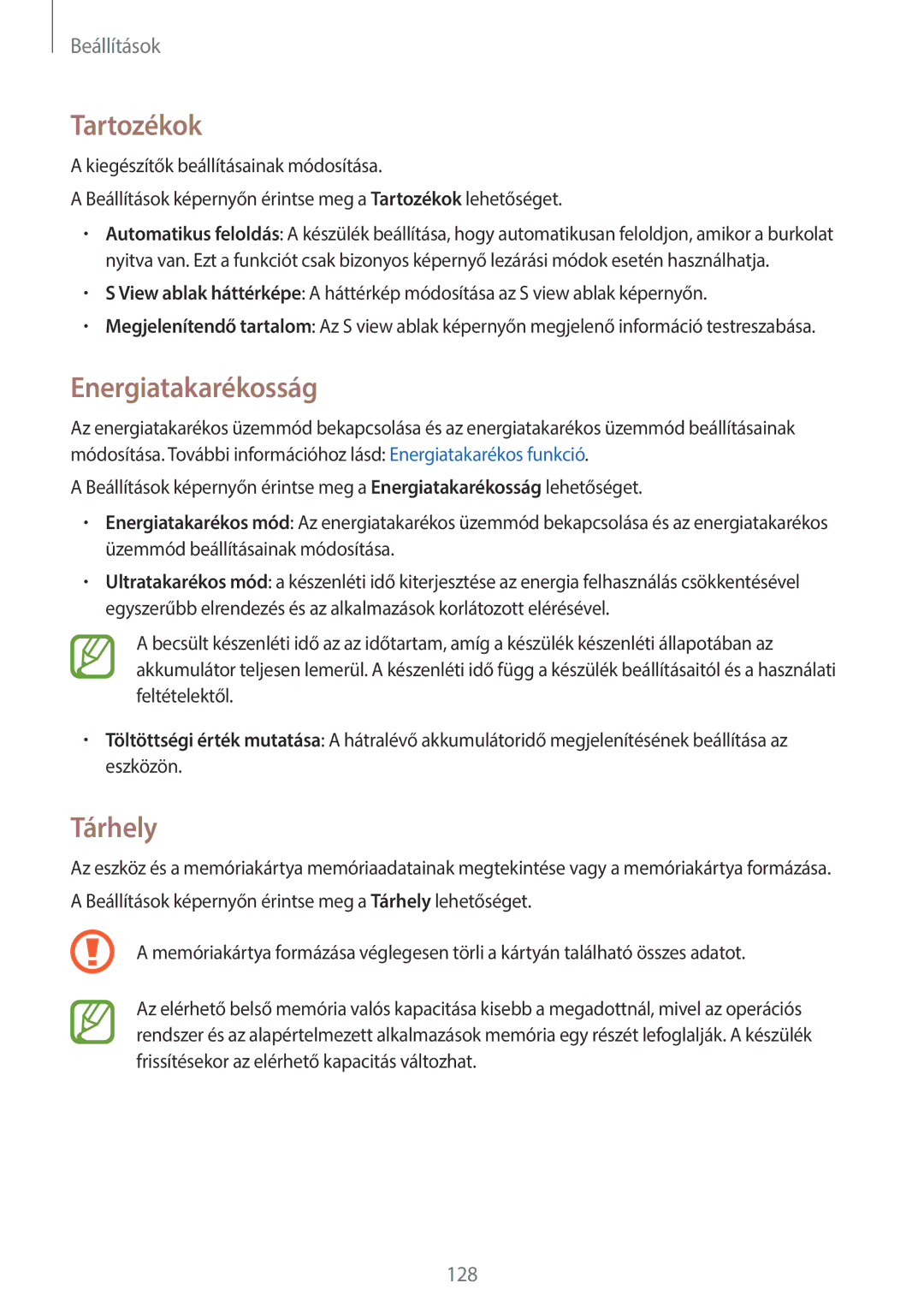 Samsung SM-A500FZKUTMS, SM-A500FZWUPRT, SM-A500FZWUATO, SM-A500FZKUCYO manual Tartozékok, Energiatakarékosság, Tárhely 