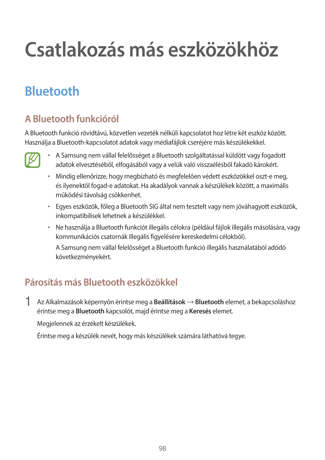 Samsung SM-A500FZWUXEO, SM-A500FZWUPRT, SM-A500FZWUATO manual Bluetooth funkcióról, Párosítás más Bluetooth eszközökkel 