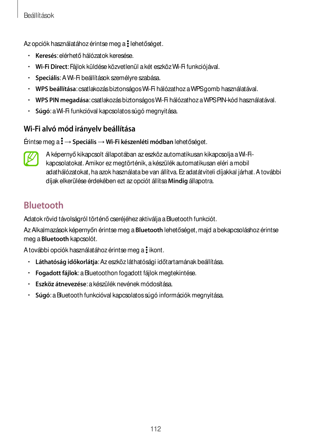 Samsung SM-A500FZKUXEH, SM-A500FZWUPRT, SM-A500FZWUATO, SM-A500FZKUCYO manual Bluetooth, Wi-Fi alvó mód irányelv beállítása 