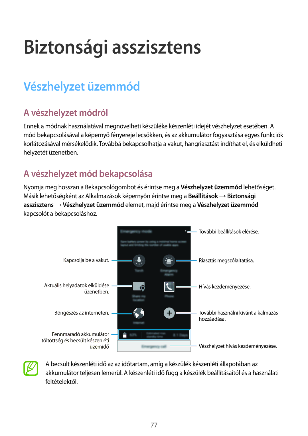 Samsung SM-A500FZKUUPC manual Biztonsági asszisztens, Vészhelyzet üzemmód, Vészhelyzet módról, Vészhelyzet mód bekapcsolása 