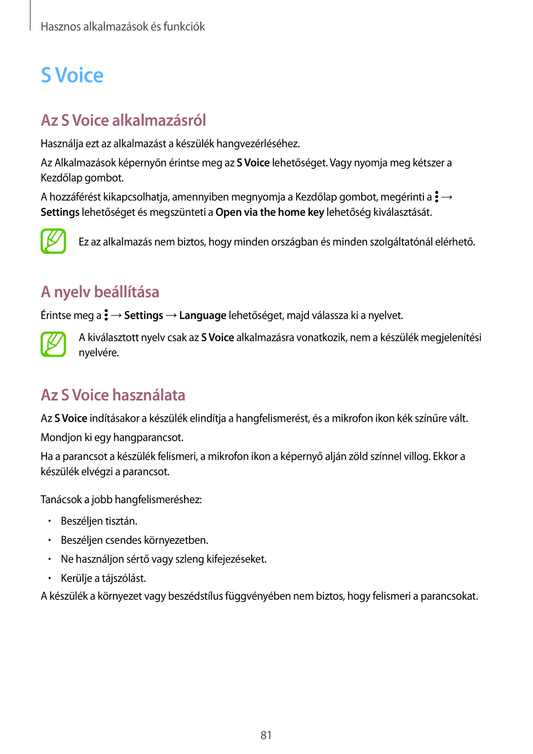 Samsung SM-A500FZDUORX, SM-A500FZWUPRT manual Az S Voice alkalmazásról, Nyelv beállítása, Az S Voice használata 