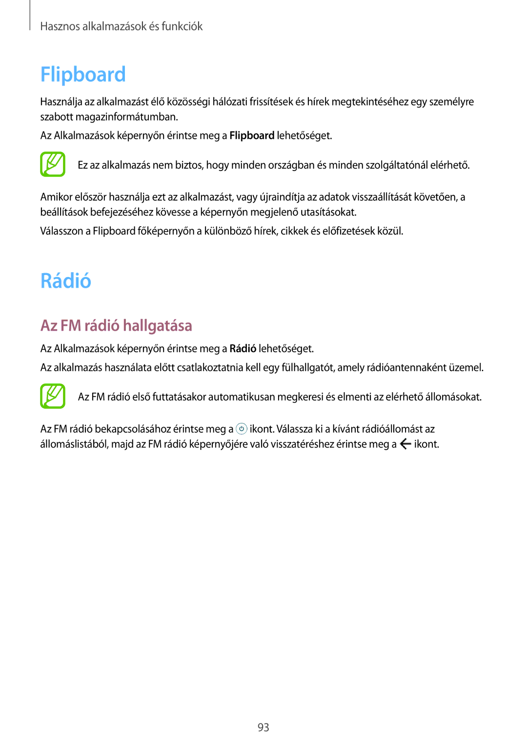 Samsung SM-A500FZDUATO, SM-A500FZWUPRT, SM-A500FZWUATO, SM-A500FZKUCYO manual Flipboard, Rádió, Az FM rádió hallgatása 