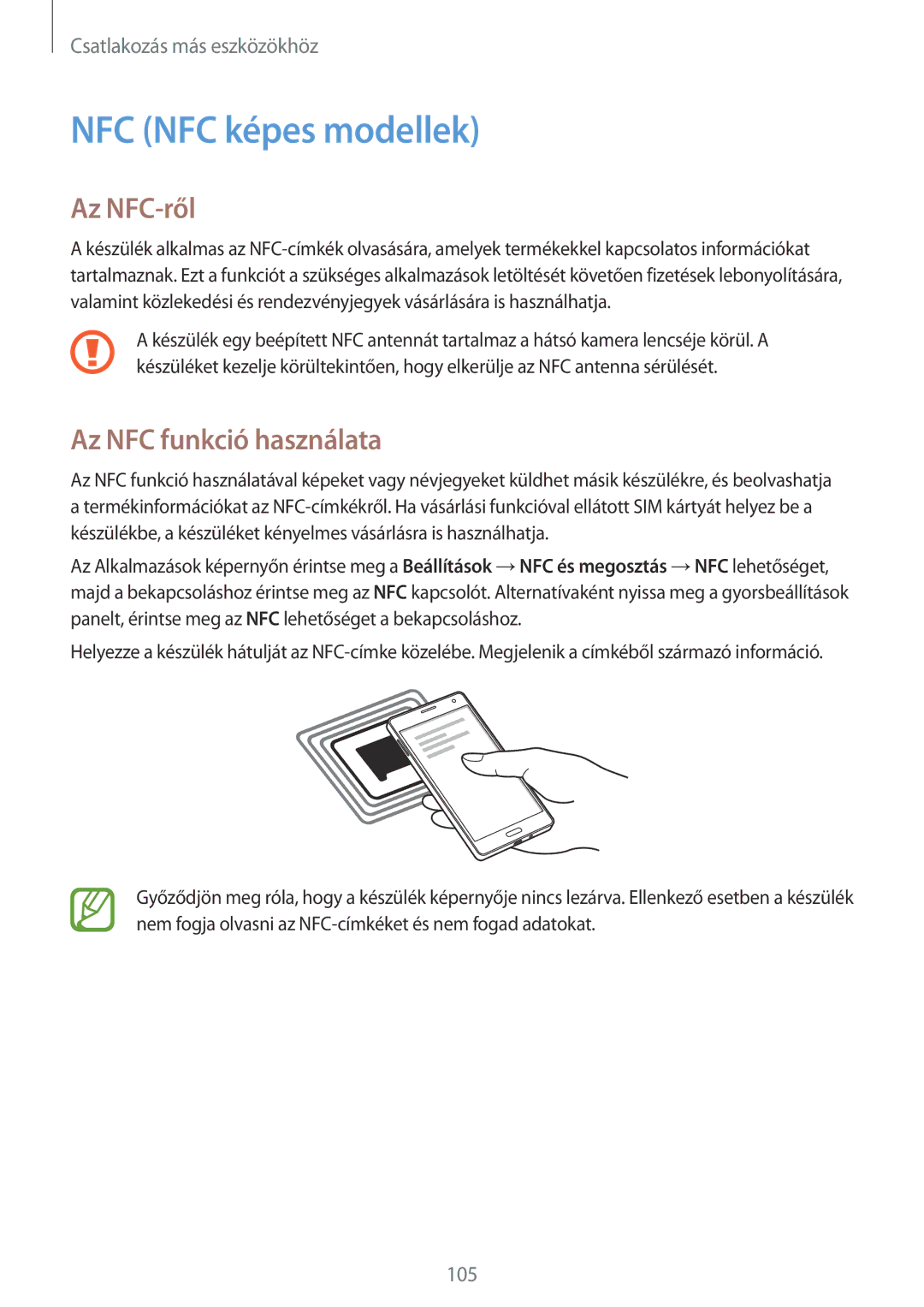 Samsung SM-A500FZSUSWC, SM-A500FZWUPRT, SM-A500FZWUATO manual NFC NFC képes modellek, Az NFC-ről, Az NFC funkció használata 