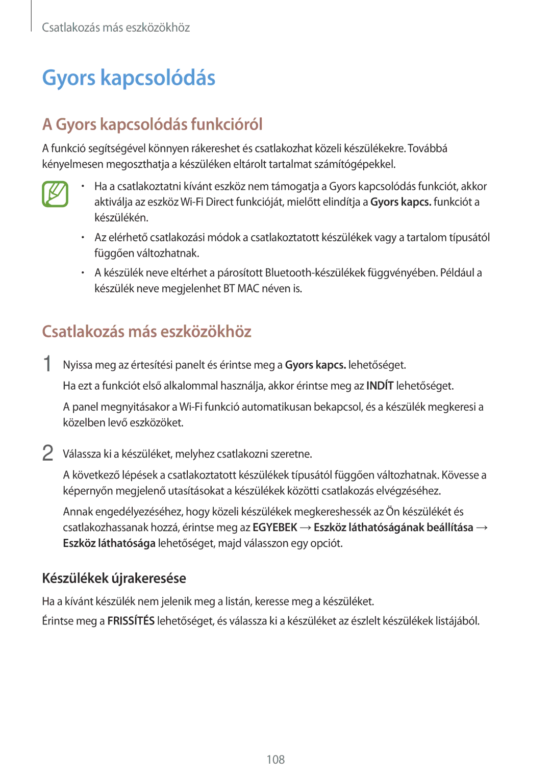 Samsung SM-A500FZSUAUT, SM-A500FZWUPRT, SM-A500FZWUATO manual Gyors kapcsolódás funkcióról, Készülékek újrakeresése 