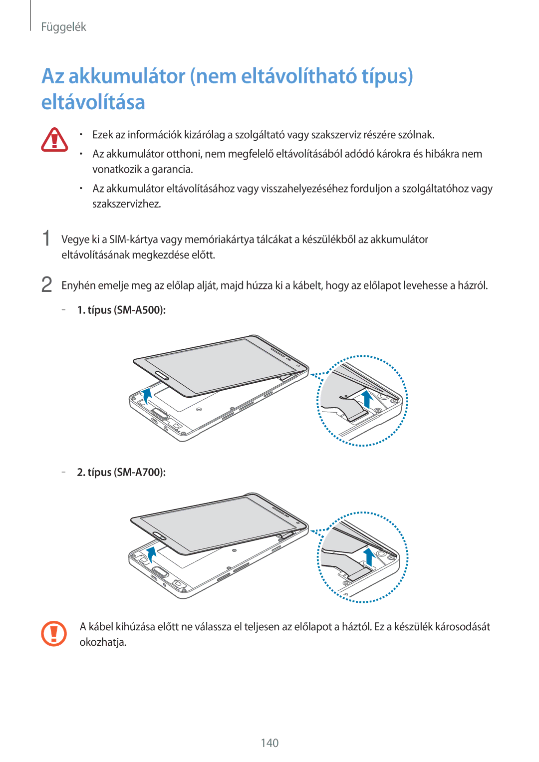 Samsung SM2A500FZWUTMS, SM-A500FZWUPRT Az akkumulátor nem eltávolítható típus eltávolítása, Típus SM-A500 Típus SM-A700 