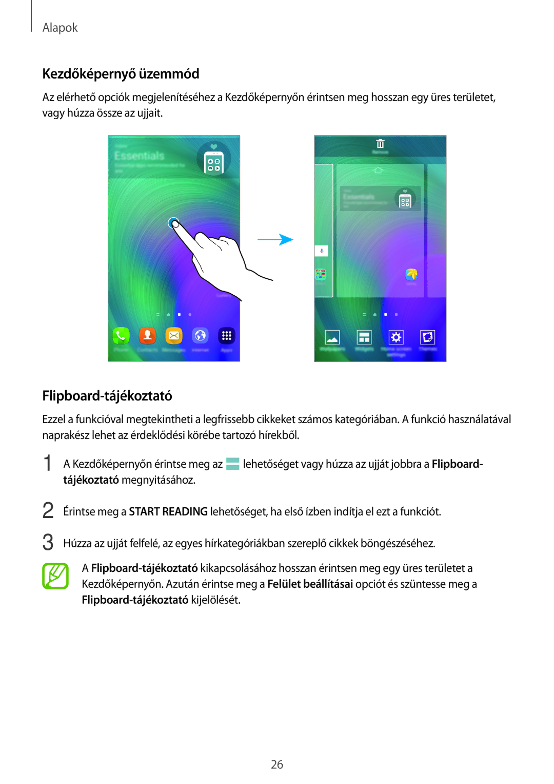 Samsung SM-A500FZKUETL, SM-A500FZWUPRT, SM-A500FZWUATO, SM-A500FZKUCYO manual Kezdőképernyő üzemmód, Flipboard-tájékoztató 