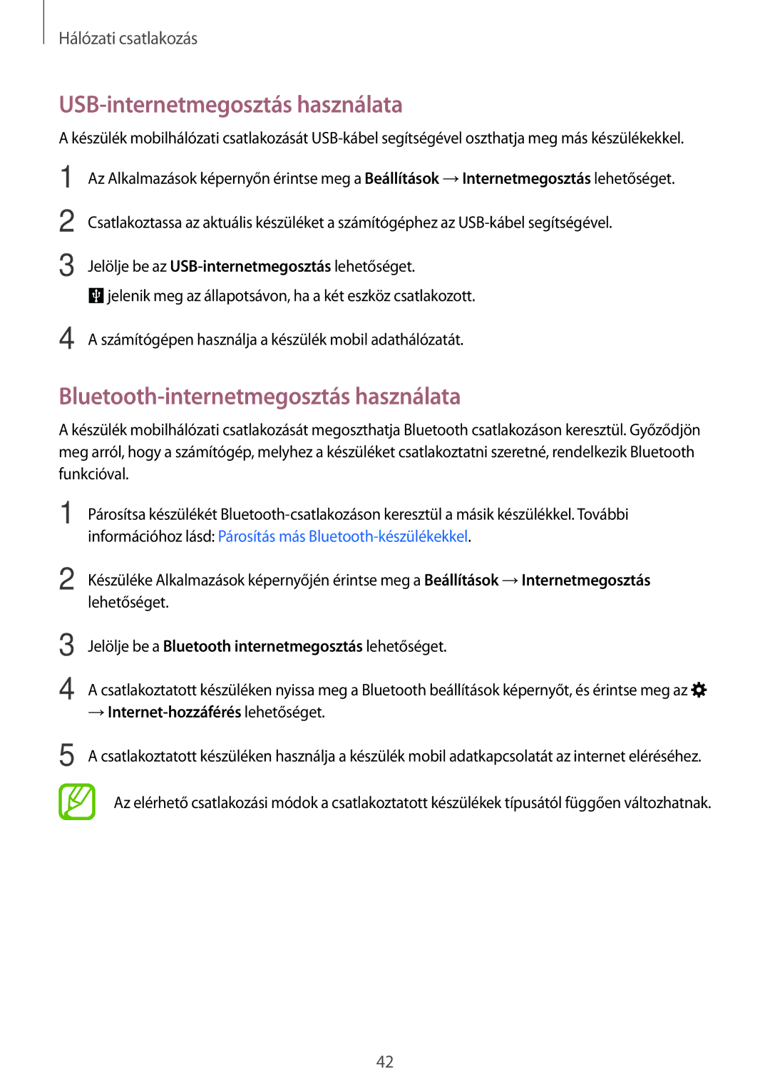 Samsung SM2A500FZKUO2C, SM-A500FZWUPRT manual USB-internetmegosztás használata, Bluetooth-internetmegosztás használata 