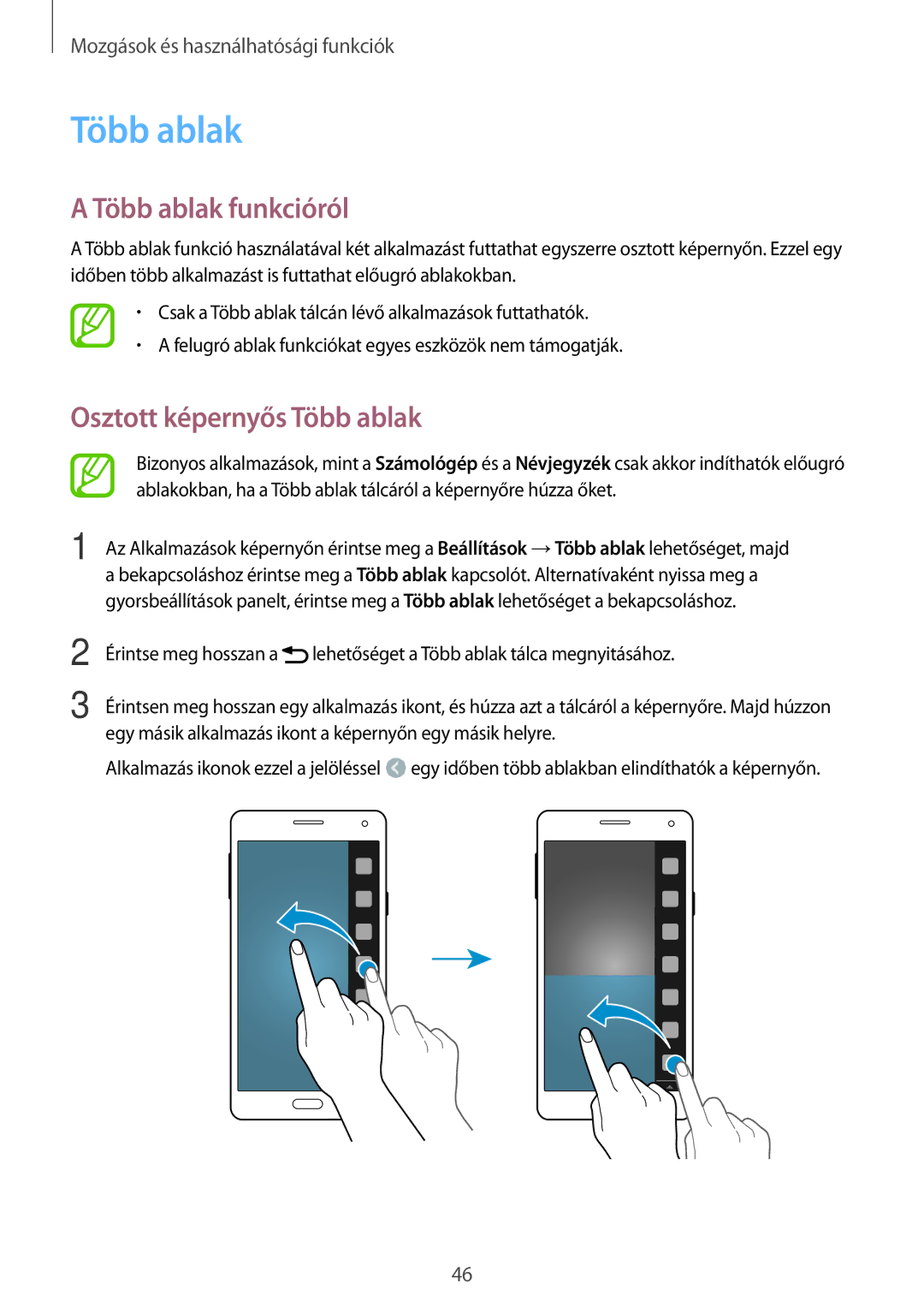 Samsung SM-A500FZKUPAN, SM-A500FZWUPRT, SM-A500FZWUATO manual Több ablak funkcióról, Osztott képernyős Több ablak 