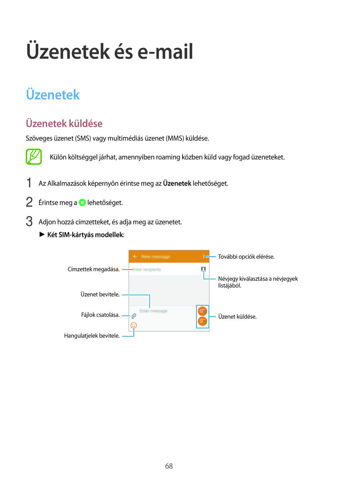 Samsung SM2A500FZSUETL, SM-A500FZWUPRT, SM-A500FZWUATO, SM-A500FZKUCYO, SM-A500FZKUCOS Üzenetek és e-mail, Üzenetek küldése 