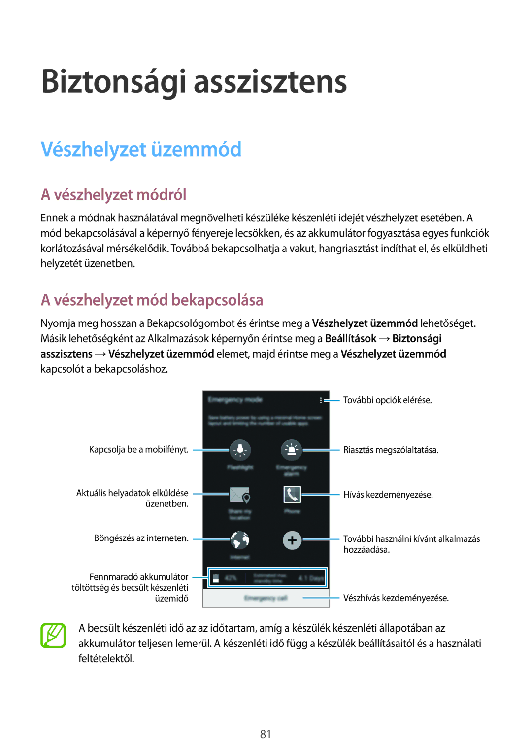 Samsung SM-A500FZDUORX manual Biztonsági asszisztens, Vészhelyzet üzemmód, Vészhelyzet módról, Vészhelyzet mód bekapcsolása 