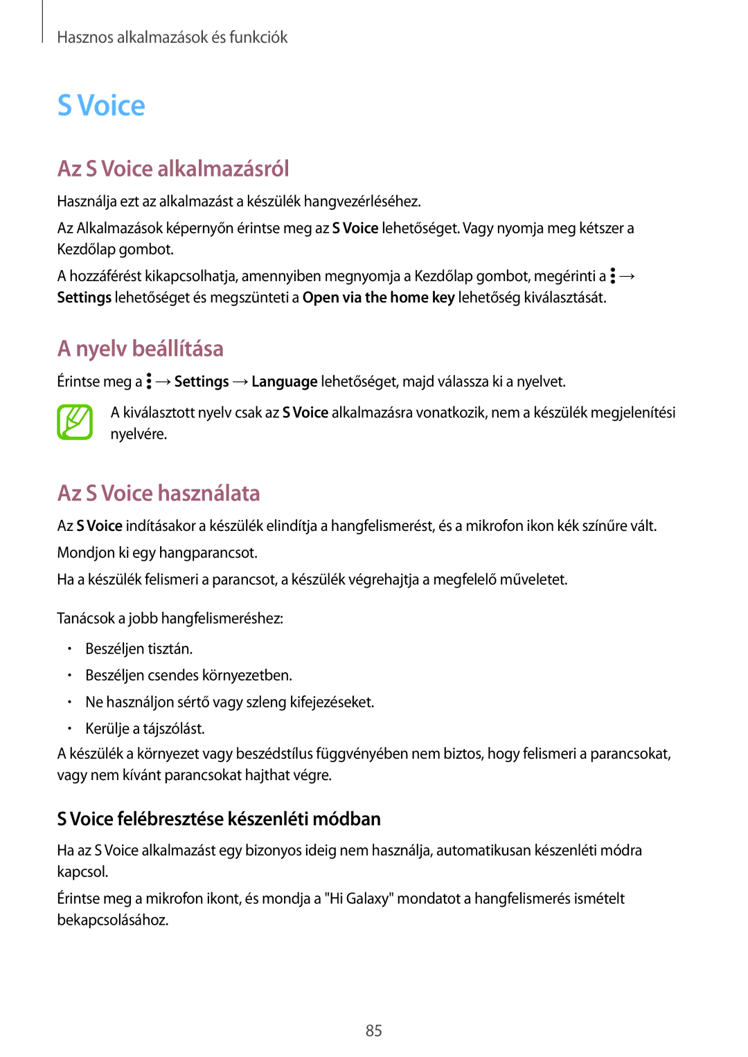 Samsung SM-A500FZKUCYO, SM-A500FZWUPRT manual Az S Voice alkalmazásról, Nyelv beállítása, Az S Voice használata 