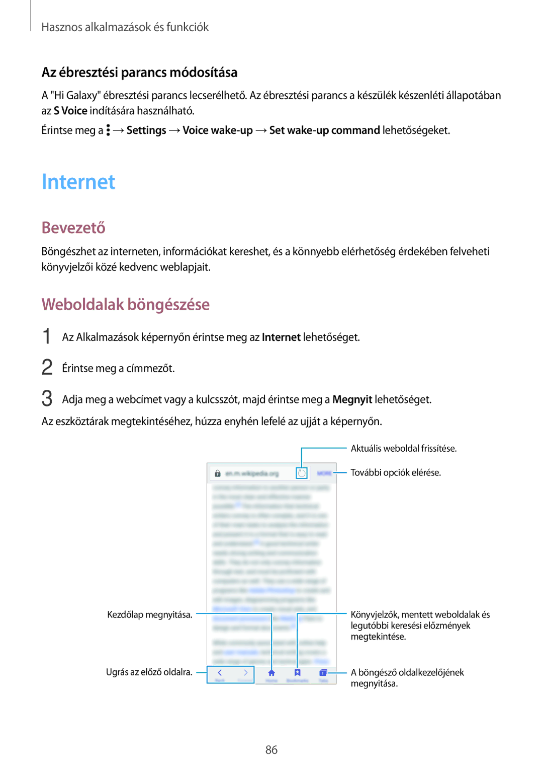 Samsung SM-A500FZKUCOS, SM-A500FZWUPRT manual Internet, Bevezető, Weboldalak böngészése, Az ébresztési parancs módosítása 