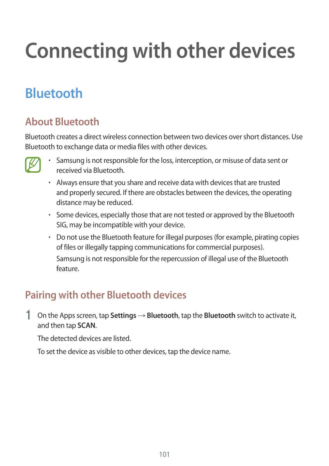 Samsung SM-A500FZWDPAK, SM-A500FZWUPRT, SM-A500FZWUDDE manual About Bluetooth, Pairing with other Bluetooth devices 