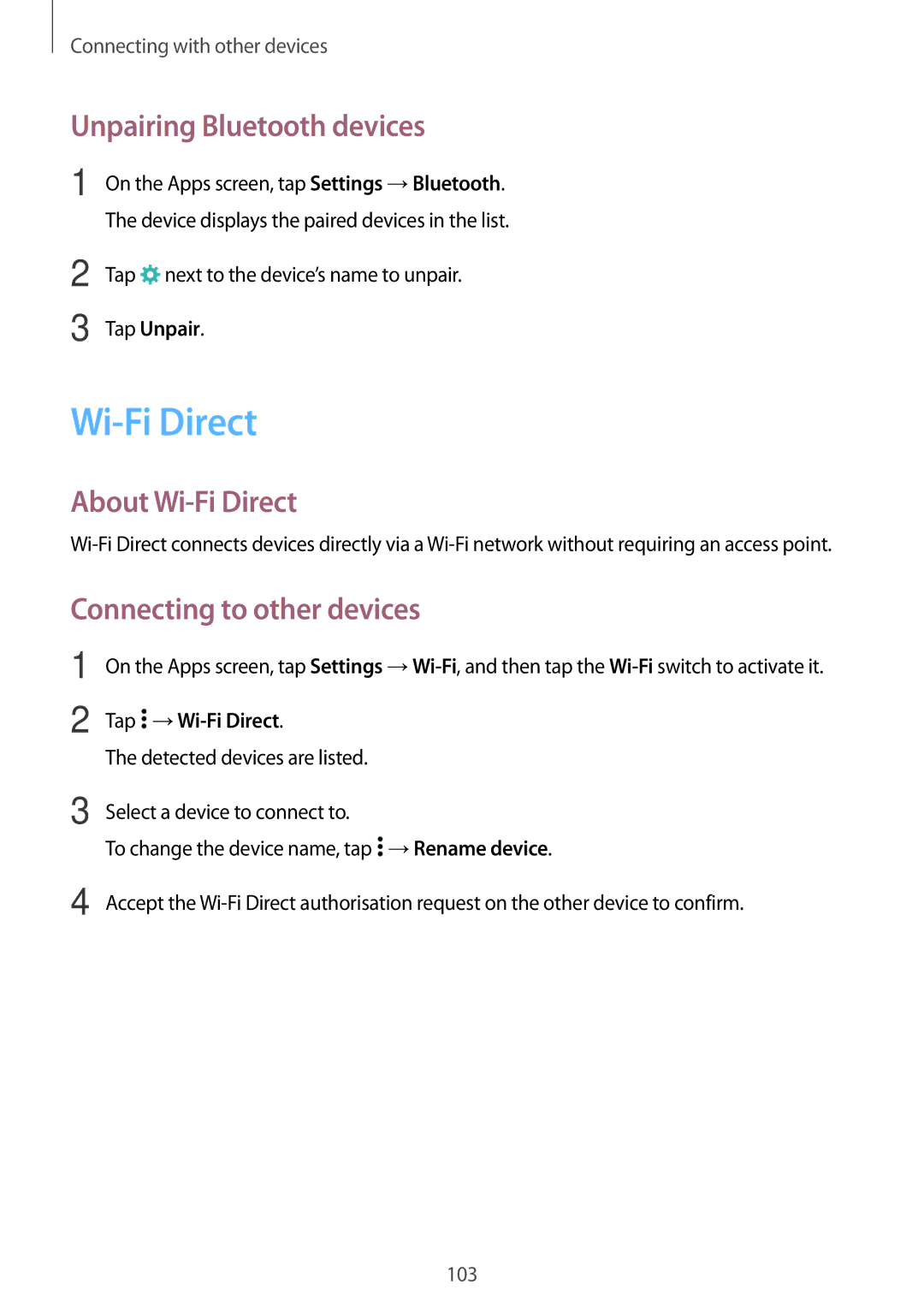 Samsung SM-A500FZDDXSG, SM-A500FZWUPRT Unpairing Bluetooth devices, About Wi-Fi Direct, Connecting to other devices 