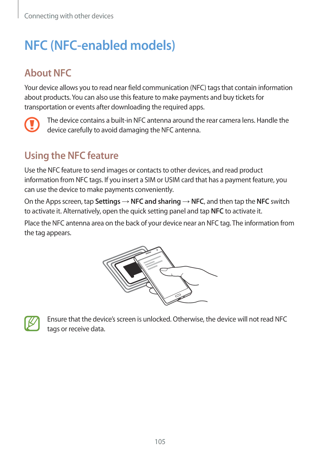 Samsung SM-A500HZKDKSA, SM-A500FZWUPRT, SM-A500FZWUDDE manual NFC NFC-enabled models, About NFC, Using the NFC feature 