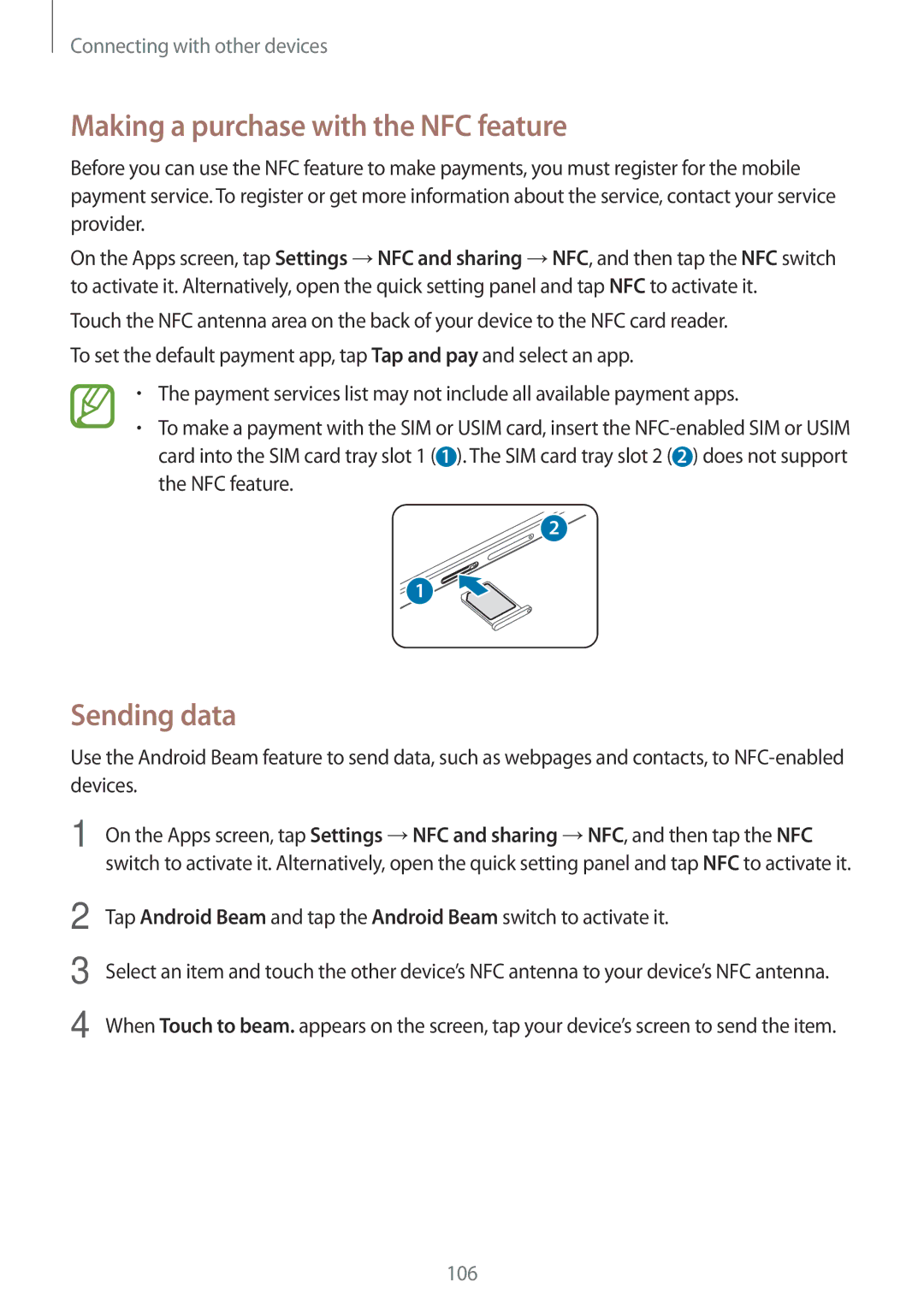 Samsung SM-A500HZWDEGY, SM-A500FZWUPRT, SM-A500FZWUDDE, SM-A500FZWUATO Making a purchase with the NFC feature, Sending data 