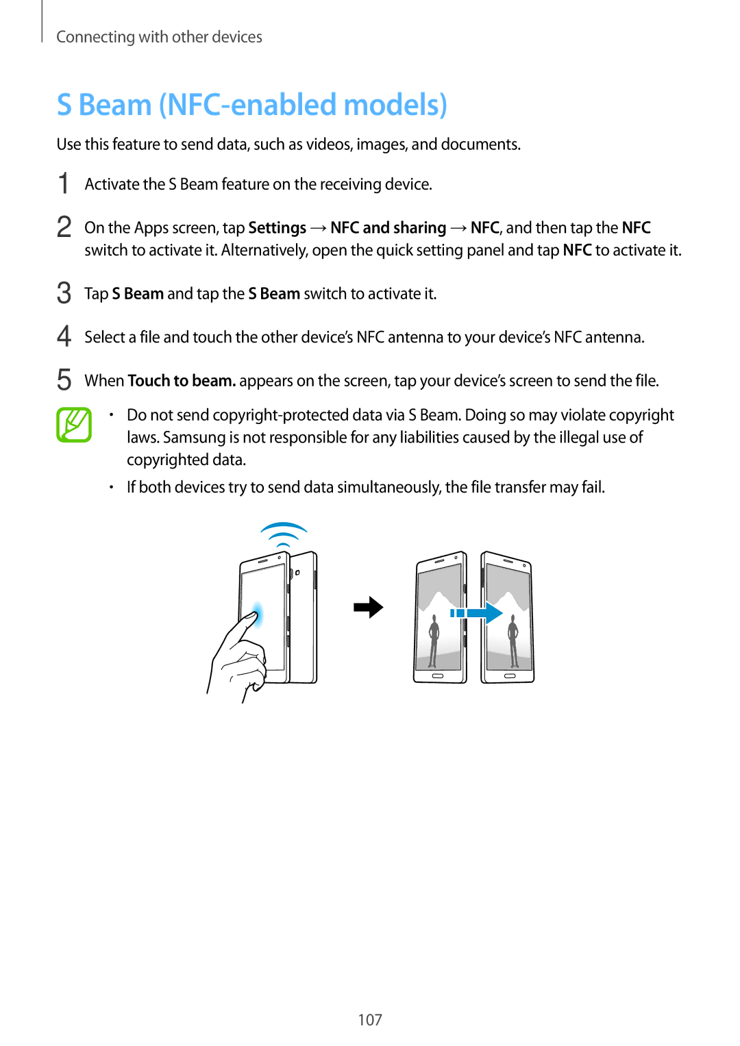 Samsung SM-A500HZWDKSA, SM-A500FZWUPRT manual Beam NFC-enabled models, Tap S Beam and tap the S Beam switch to activate it 