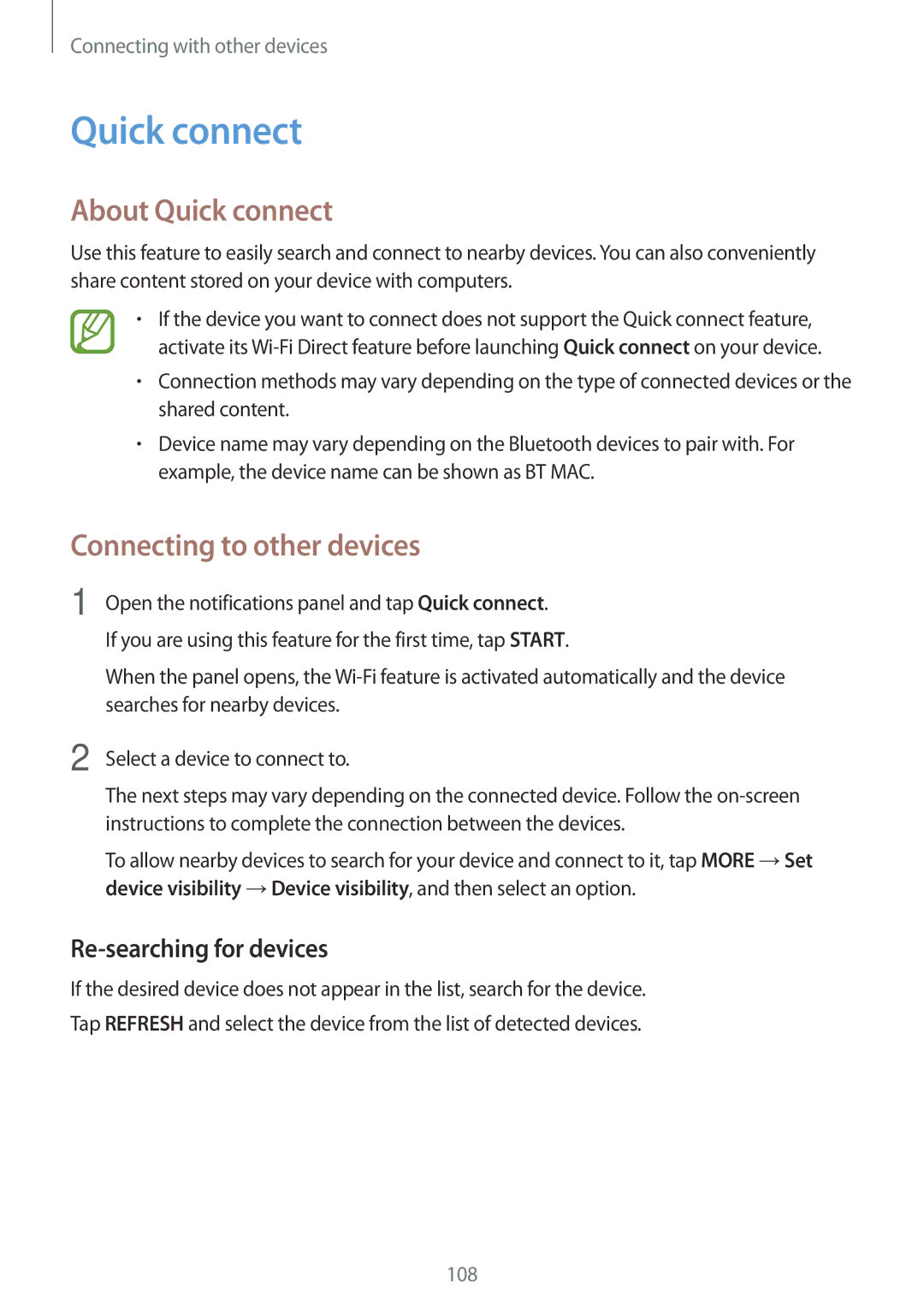 Samsung SM-A500FZBDPAK, SM-A500FZWUPRT, SM-A500FZWUDDE, SM-A500FZWUATO About Quick connect, Re-searching for devices 