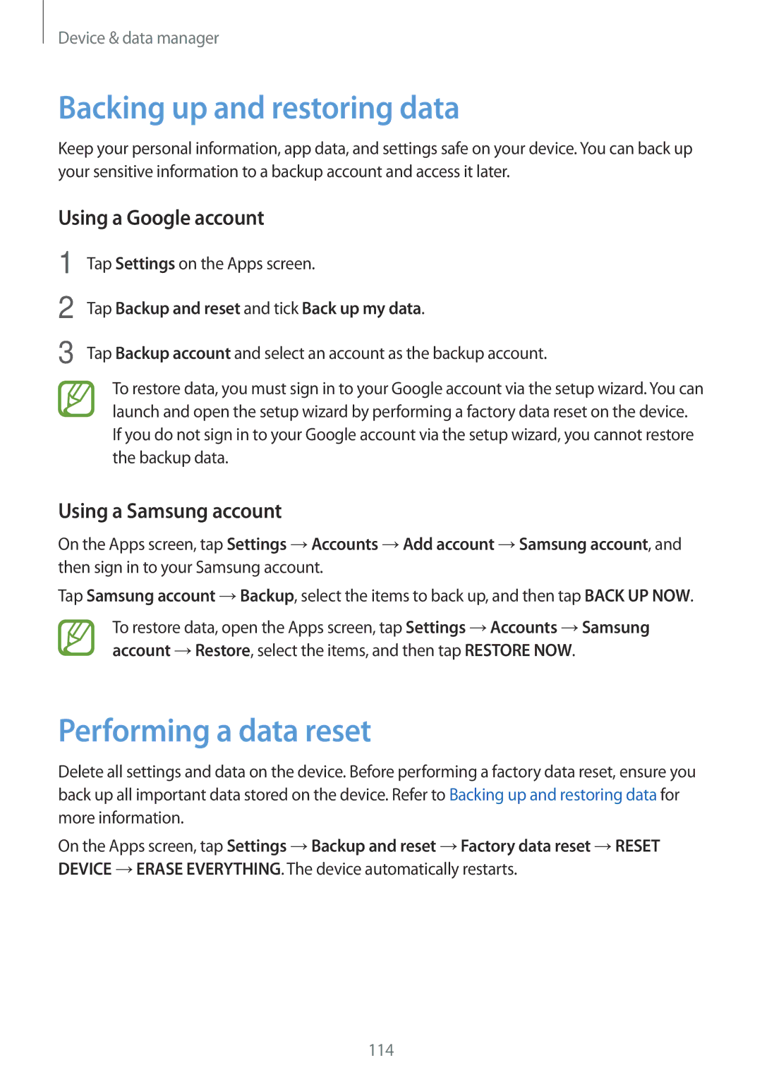 Samsung SM-A500HZDDEGY, SM-A500FZWUPRT manual Backing up and restoring data, Performing a data reset, Using a Google account 