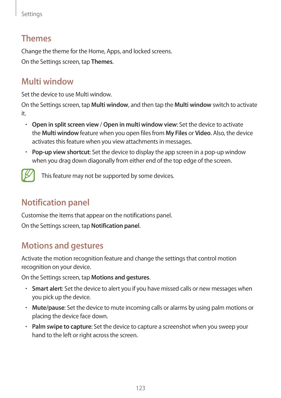 Samsung SM-A500FZDUTWO, SM-A500FZWUPRT, SM-A500FZWUDDE manual Themes, Multi window, Notification panel, Motions and gestures 