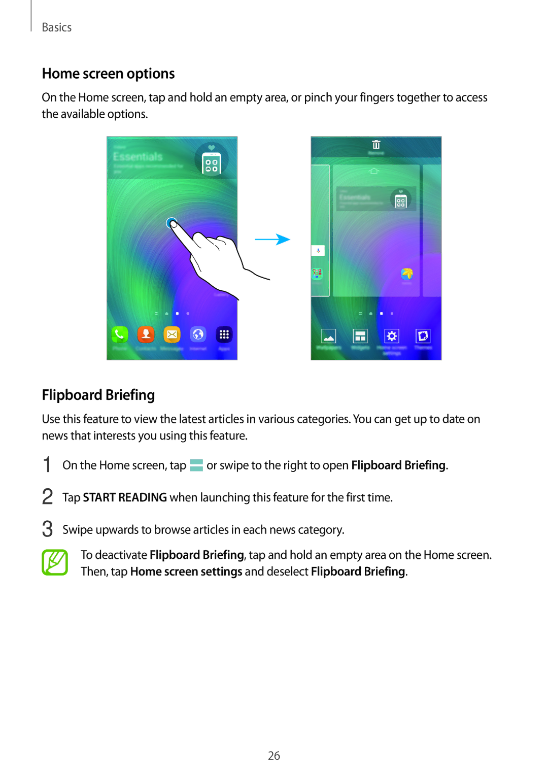 Samsung SM-A500FZWUSEB, SM-A500FZWUPRT, SM-A500FZWUDDE, SM-A500FZWUATO manual Home screen options, Flipboard Briefing 