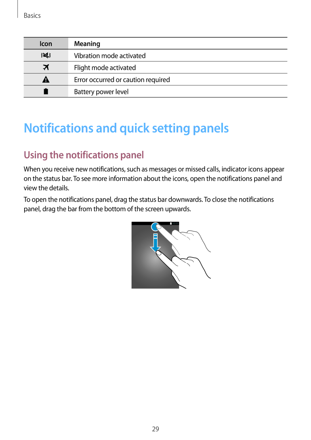 Samsung SM-A500FZKUIDE, SM-A500FZWUPRT manual Notifications and quick setting panels, Using the notifications panel 