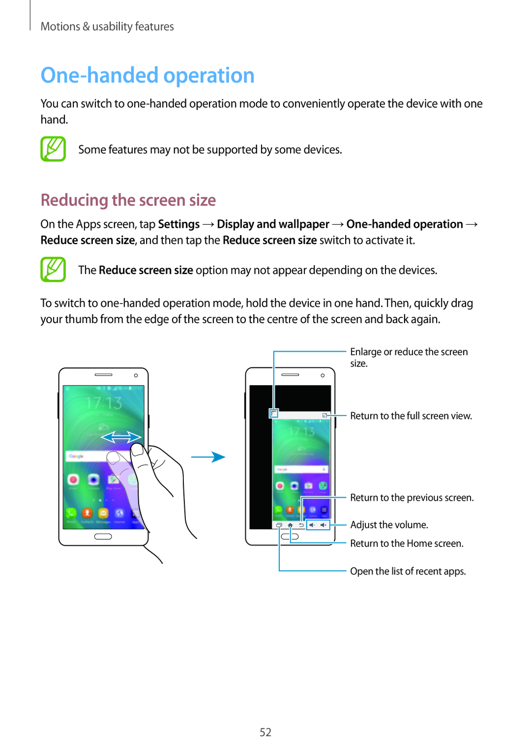 Samsung SM-A500FZKUDRE, SM-A500FZWUPRT, SM-A500FZWUDDE, SM-A500FZWUATO manual One-handed operation, Reducing the screen size 