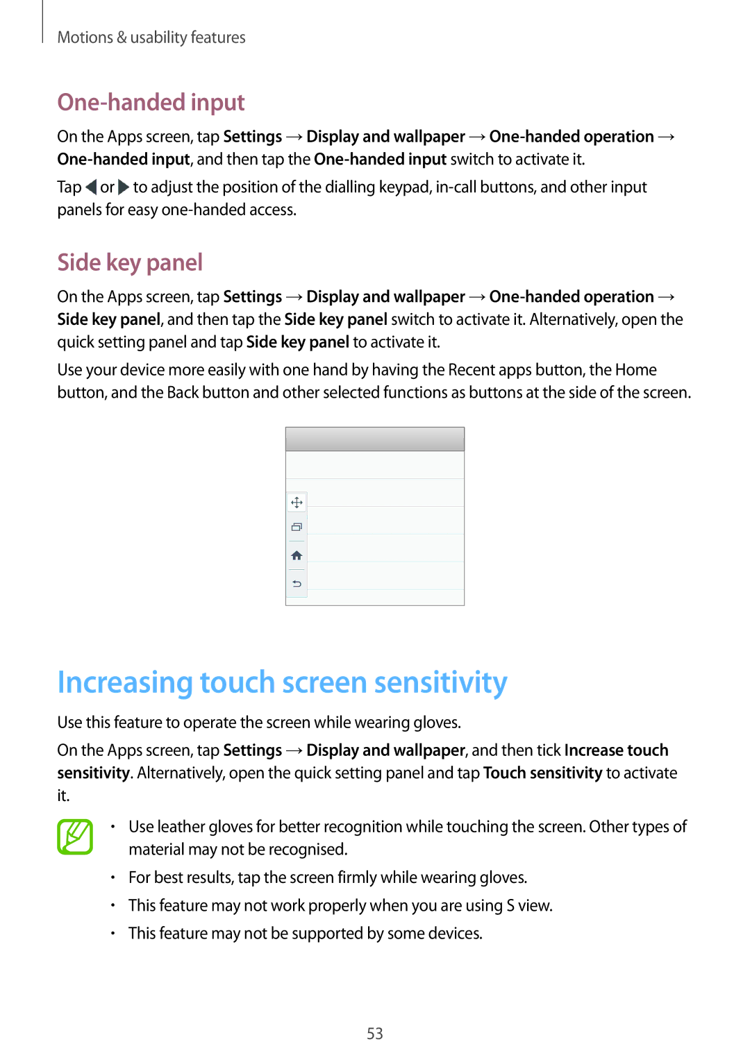 Samsung SM-A500FZKUXEO, SM-A500FZWUPRT manual Increasing touch screen sensitivity, One-handed input, Side key panel 