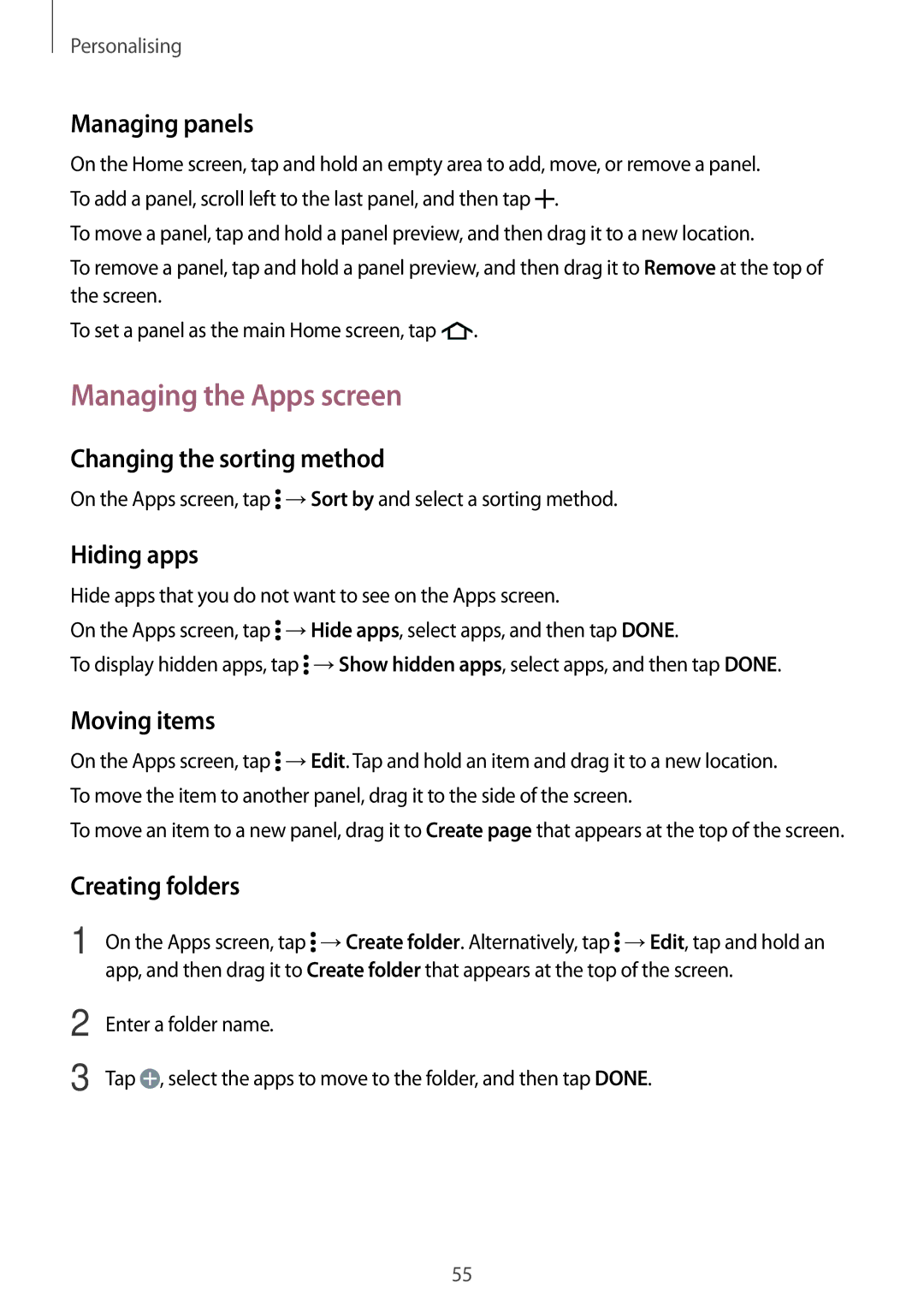 Samsung SM-A500FZWUXEF, SM-A500FZWUPRT, SM-A500FZWUDDE, SM-A500FZWUATO, SM-A500FZKUDPL manual Managing the Apps screen 