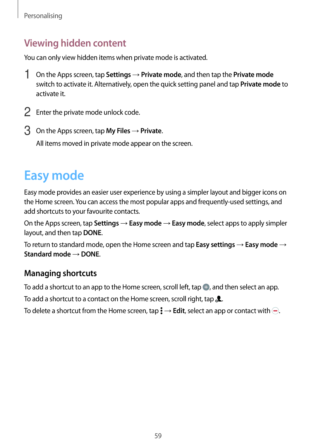 Samsung SM-A500FZWUSFR, SM-A500FZWUPRT, SM-A500FZWUDDE, SM-A500FZWUATO Easy mode, Viewing hidden content, Managing shortcuts 