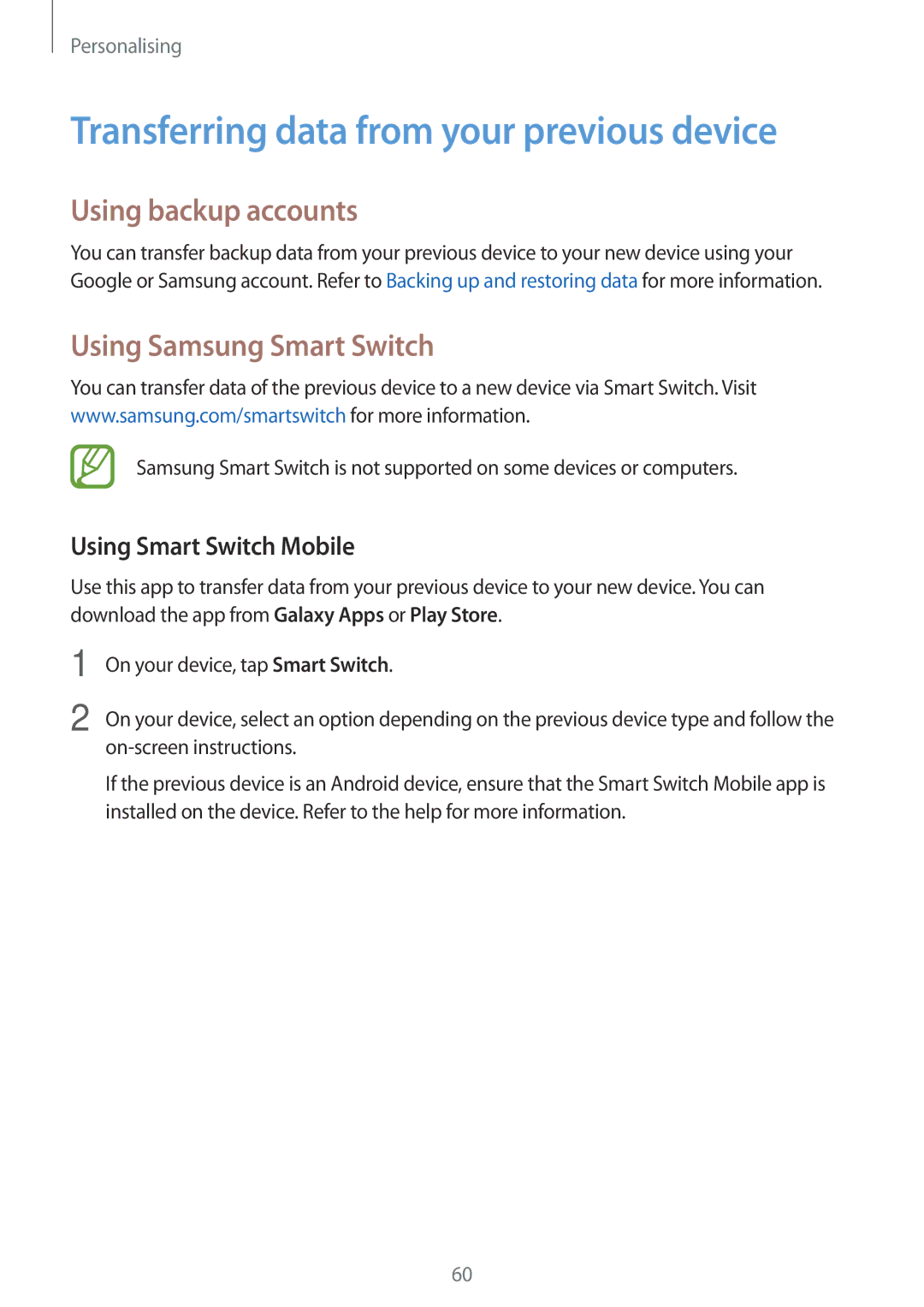 Samsung SM-A500FZDUFTM Transferring data from your previous device, Using backup accounts, Using Samsung Smart Switch 