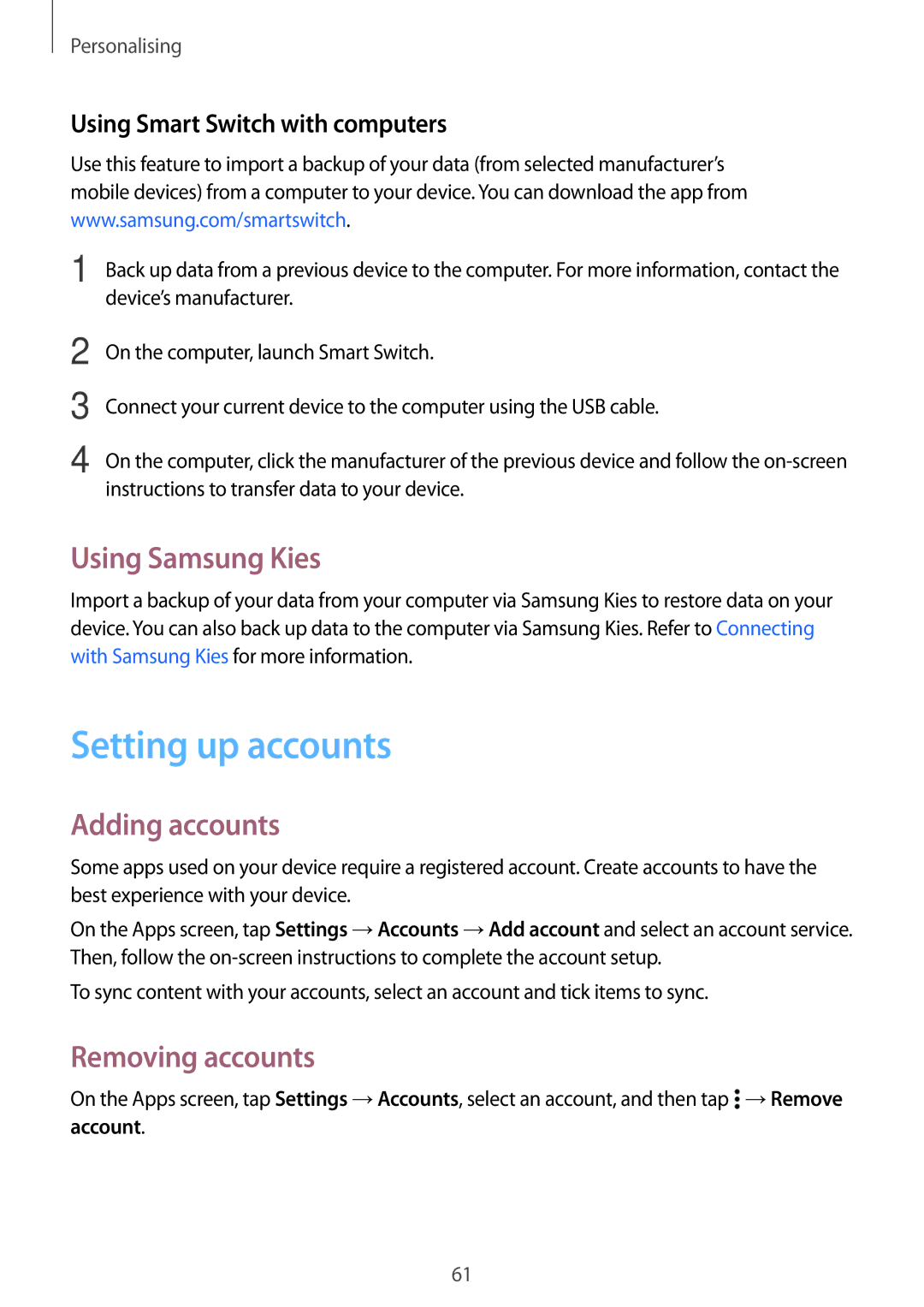 Samsung SM-A500FZWUBOG, SM-A500FZWUPRT manual Setting up accounts, Using Samsung Kies, Adding accounts, Removing accounts 