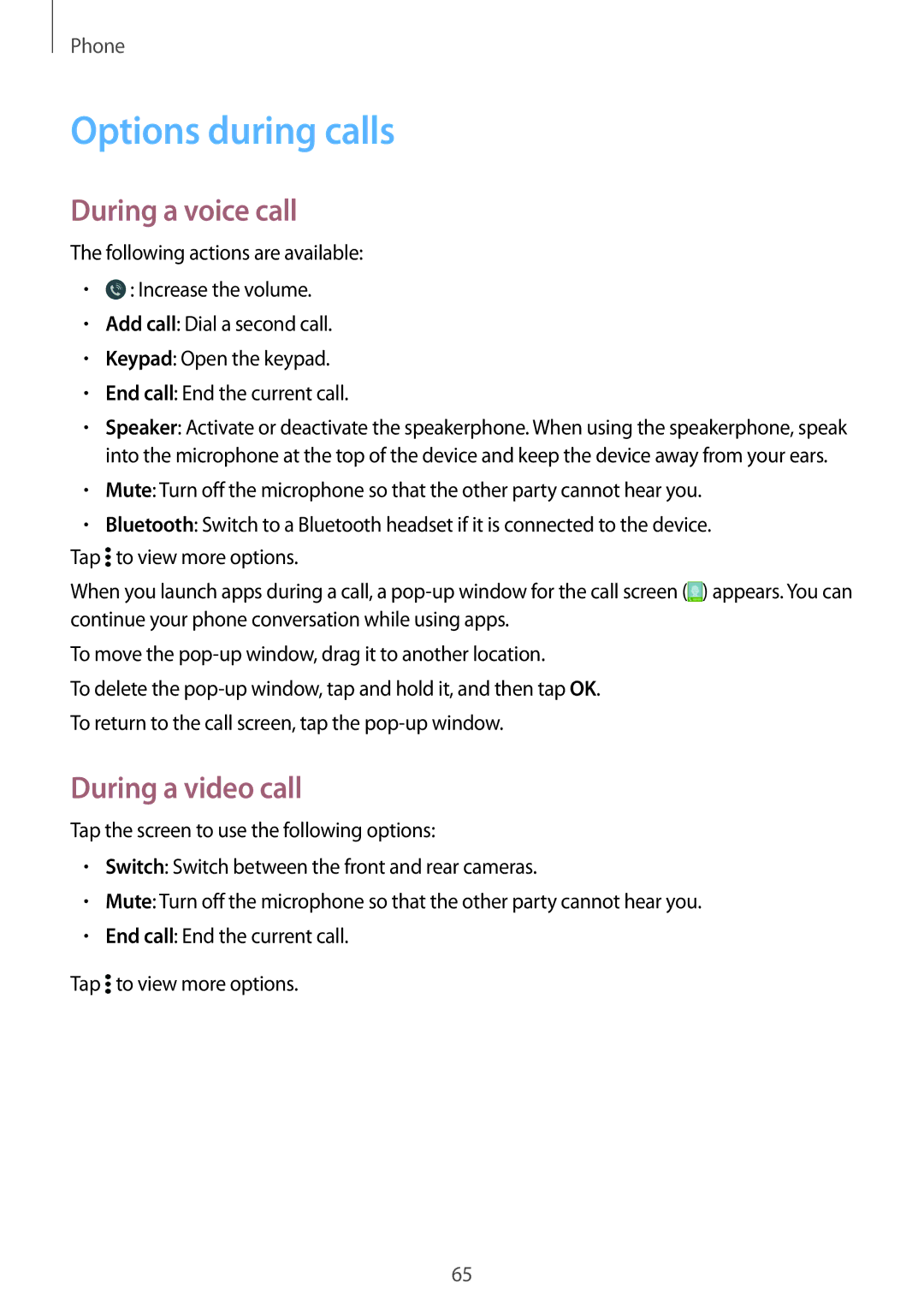 Samsung SM-A500FZKUOMN, SM-A500FZWUPRT, SM-A500FZWUDDE manual Options during calls, During a voice call, During a video call 