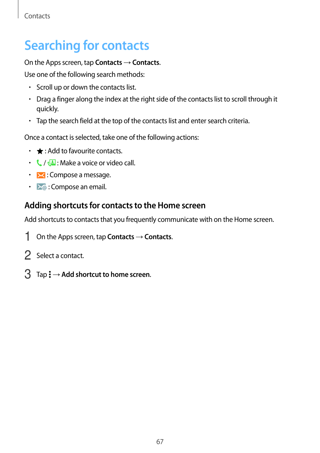 Samsung SM-A500FZWUITV, SM-A500FZWUPRT manual Searching for contacts, Adding shortcuts for contacts to the Home screen 