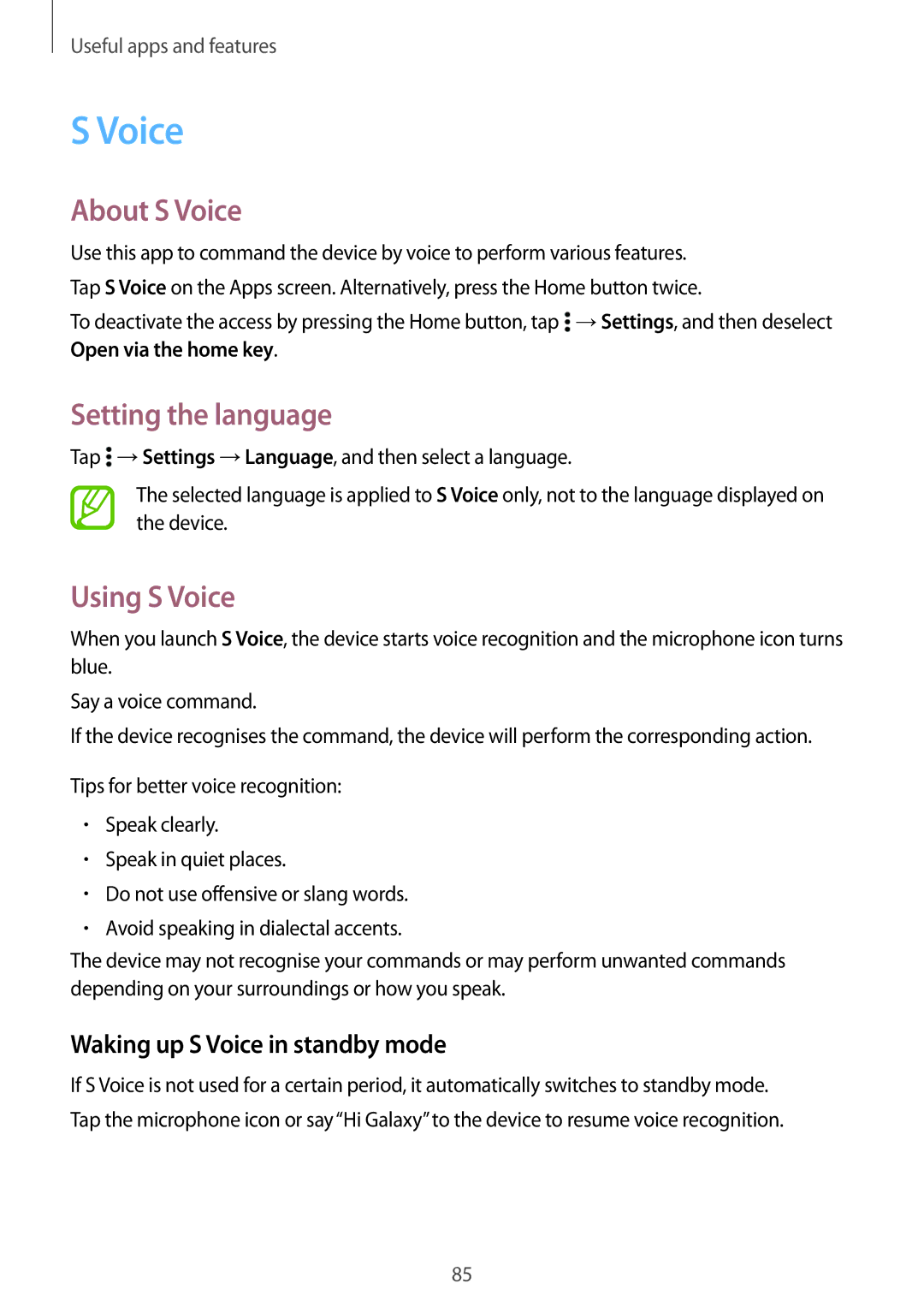 Samsung SM-A500FZDUPHE manual About S Voice, Setting the language, Using S Voice, Waking up S Voice in standby mode 