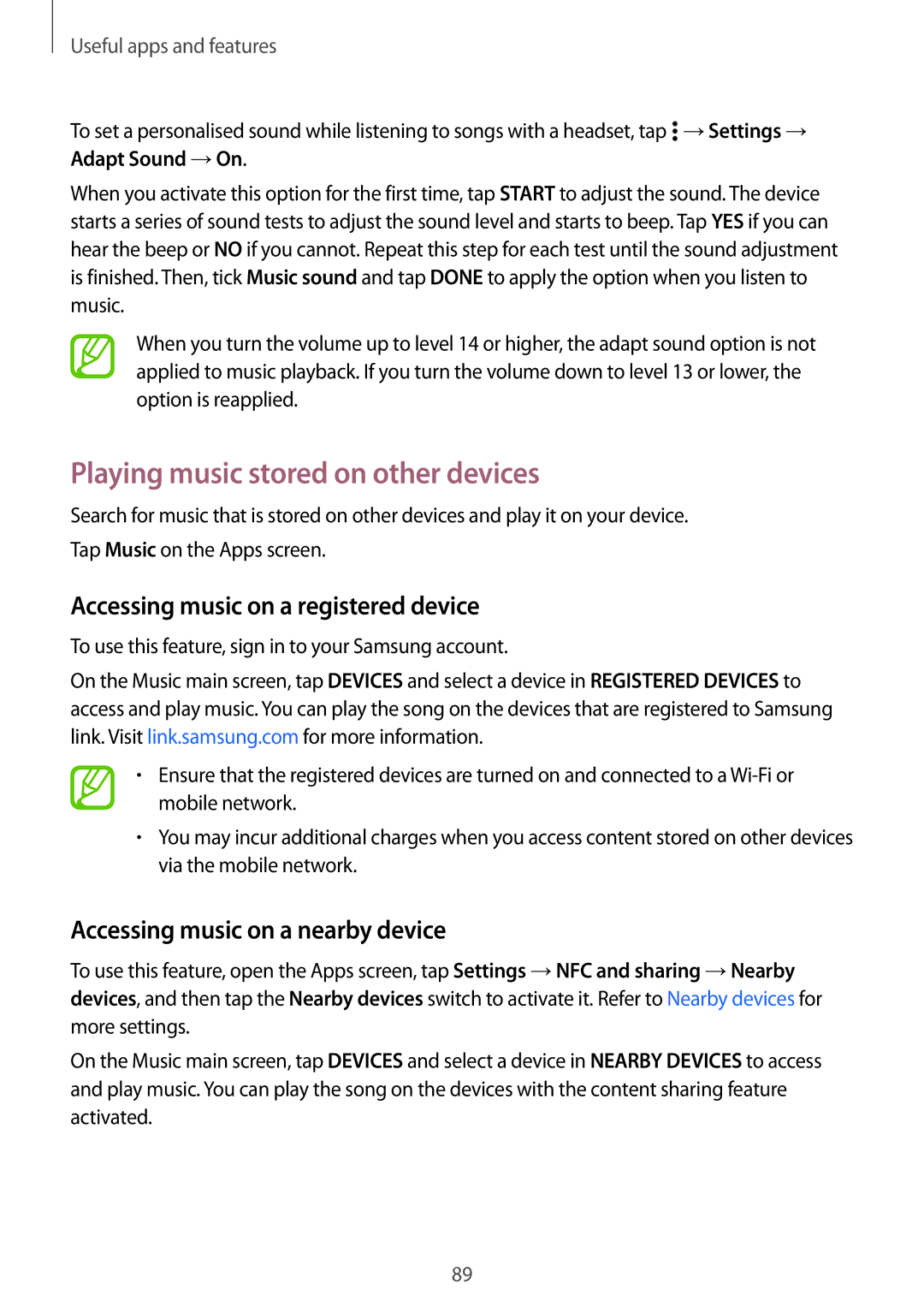 Samsung SM-A500FZIDXSG, SM-A500FZWUPRT manual Playing music stored on other devices, Accessing music on a registered device 