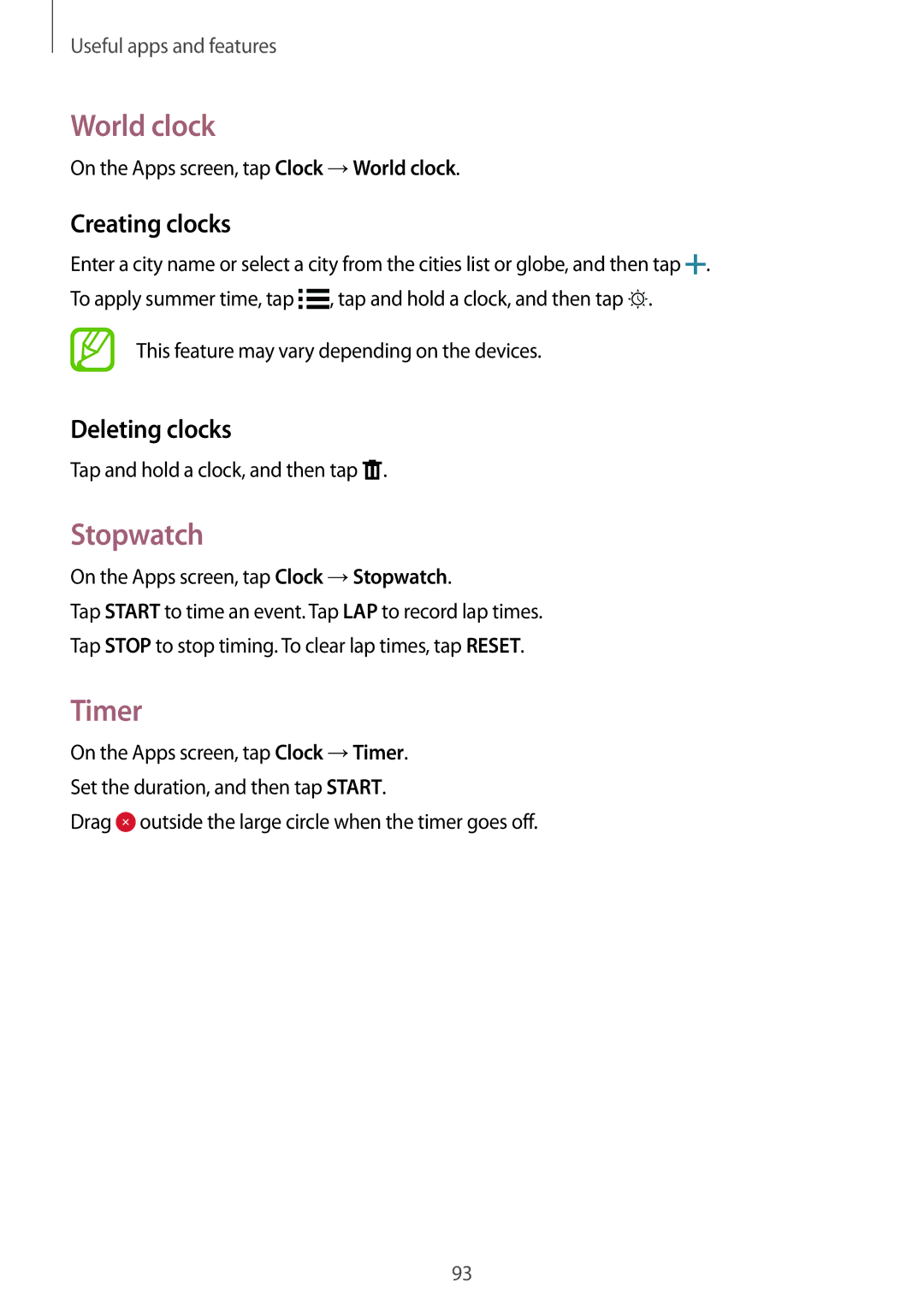 Samsung SM-A500FZDDKSA, SM-A500FZWUPRT, SM-A500FZWUDDE manual World clock, Stopwatch, Timer, Creating clocks, Deleting clocks 