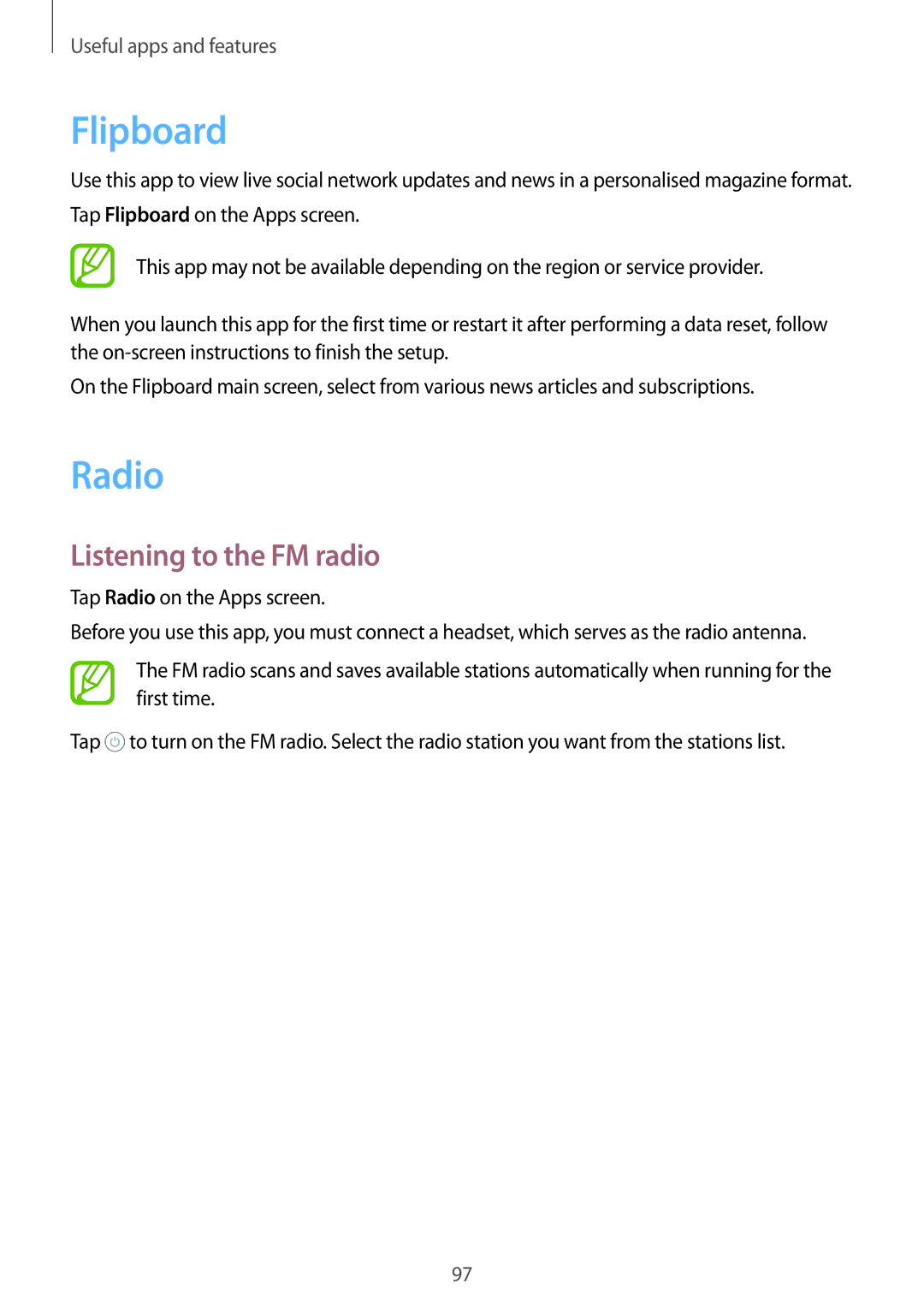 Samsung SM-A500HZWDCAC, SM-A500FZWUPRT, SM-A500FZWUDDE, SM-A500FZWUATO manual Flipboard, Radio, Listening to the FM radio 