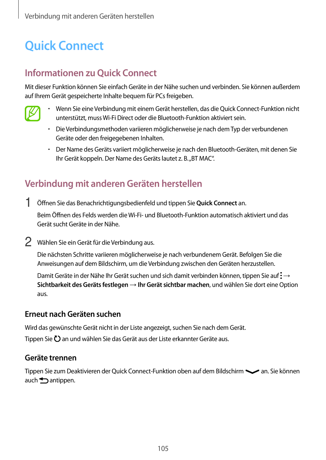 Samsung SM-A500FZWUDBT, SM-A500FZWUPRT manual Informationen zu Quick Connect, Erneut nach Geräten suchen, Geräte trennen 