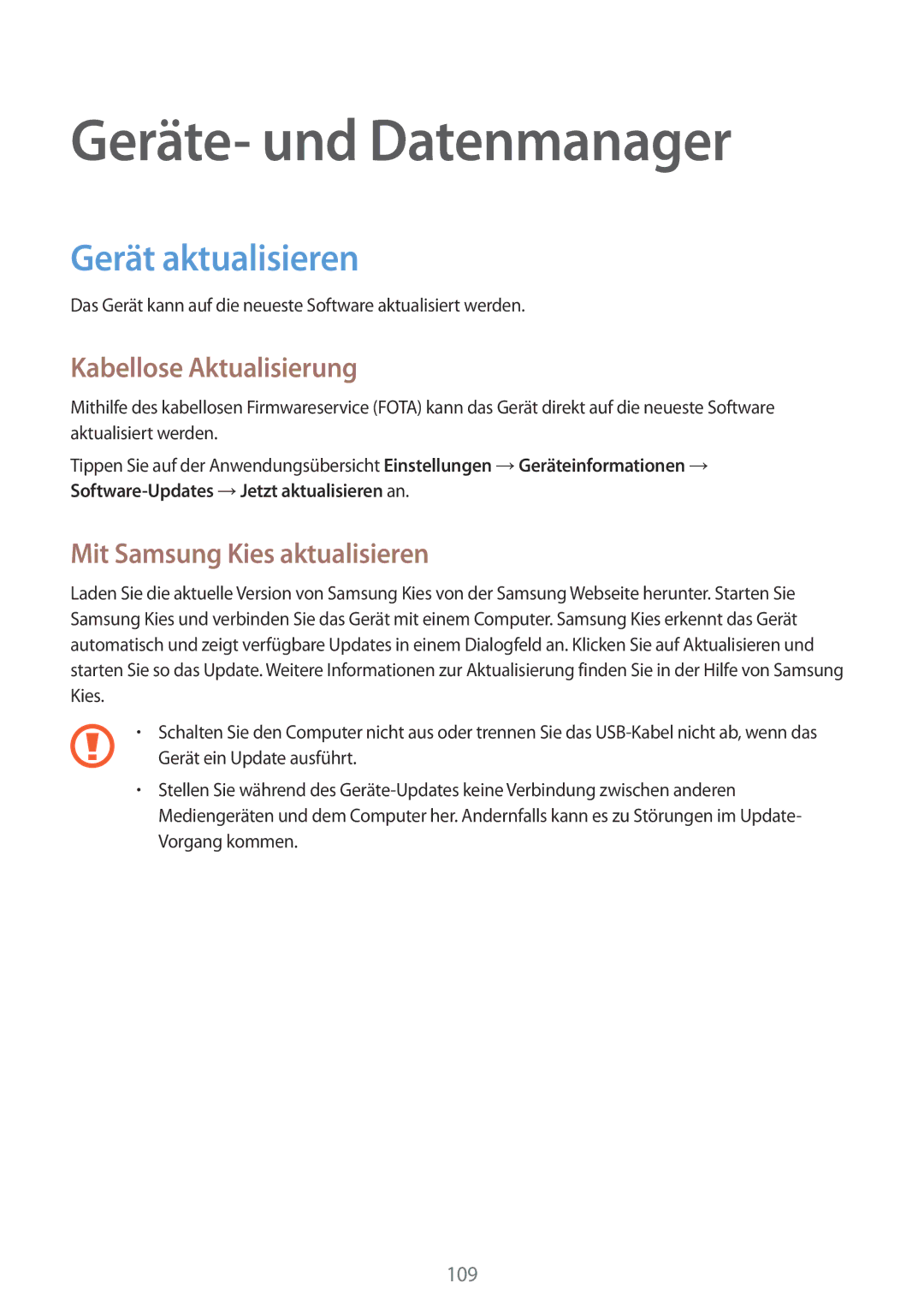 Samsung SM-A500FZWUVGR, SM-A500FZWUPRT manual Geräte- und Datenmanager, Gerät aktualisieren, Kabellose Aktualisierung 