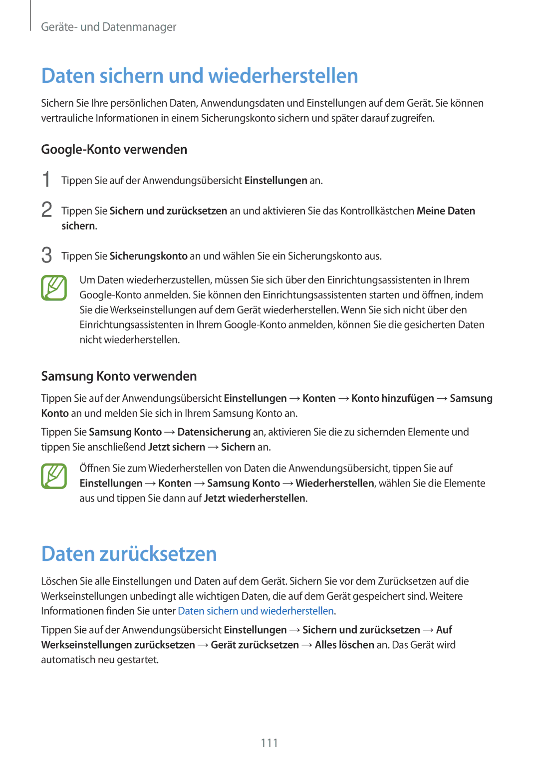 Samsung SM-A500FZWUCYO manual Daten sichern und wiederherstellen, Daten zurücksetzen, Google-Konto verwenden, Sichern 