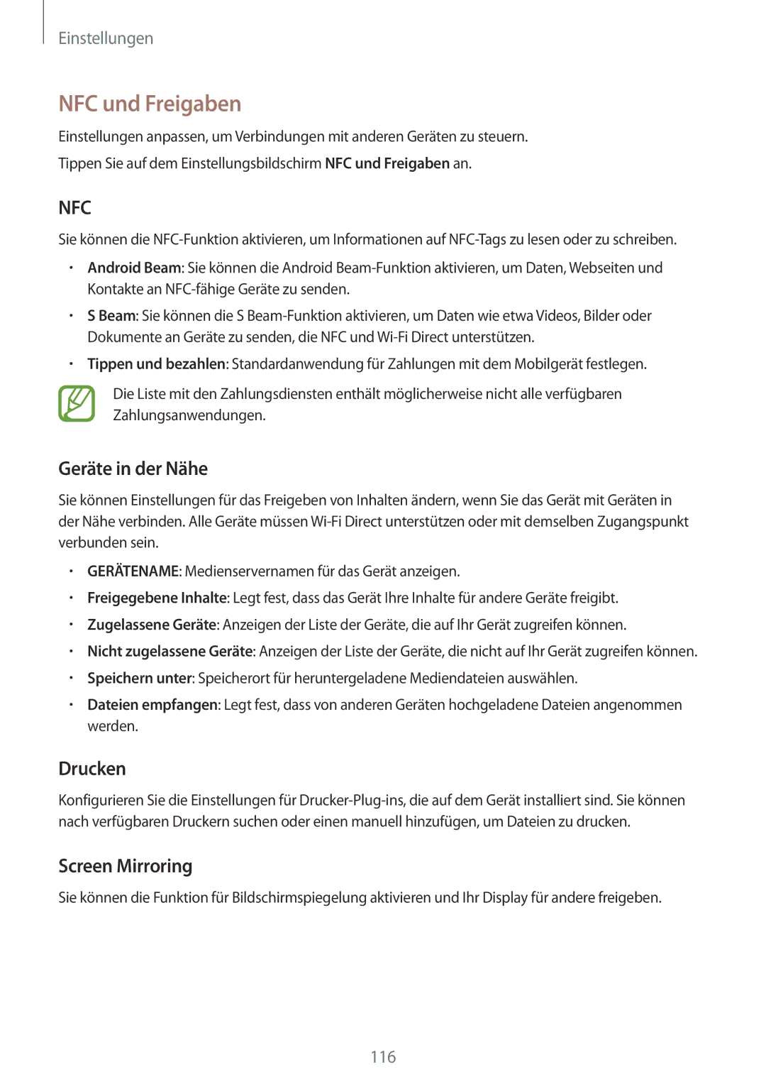 Samsung SM-A500FZWUXEF, SM-A500FZWUPRT, SM-A500FZWUDDE NFC und Freigaben, Geräte in der Nähe, Drucken, Screen Mirroring 