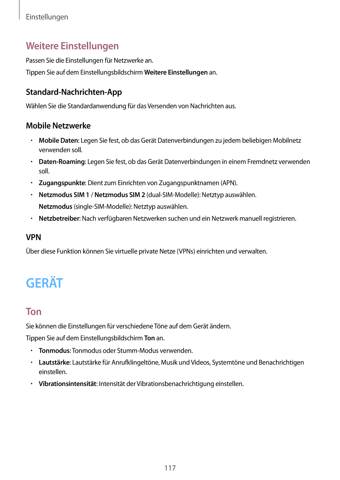 Samsung SM-A500FZKUSFR, SM-A500FZWUPRT manual Weitere Einstellungen, Ton, Standard-Nachrichten-App, Mobile Netzwerke 