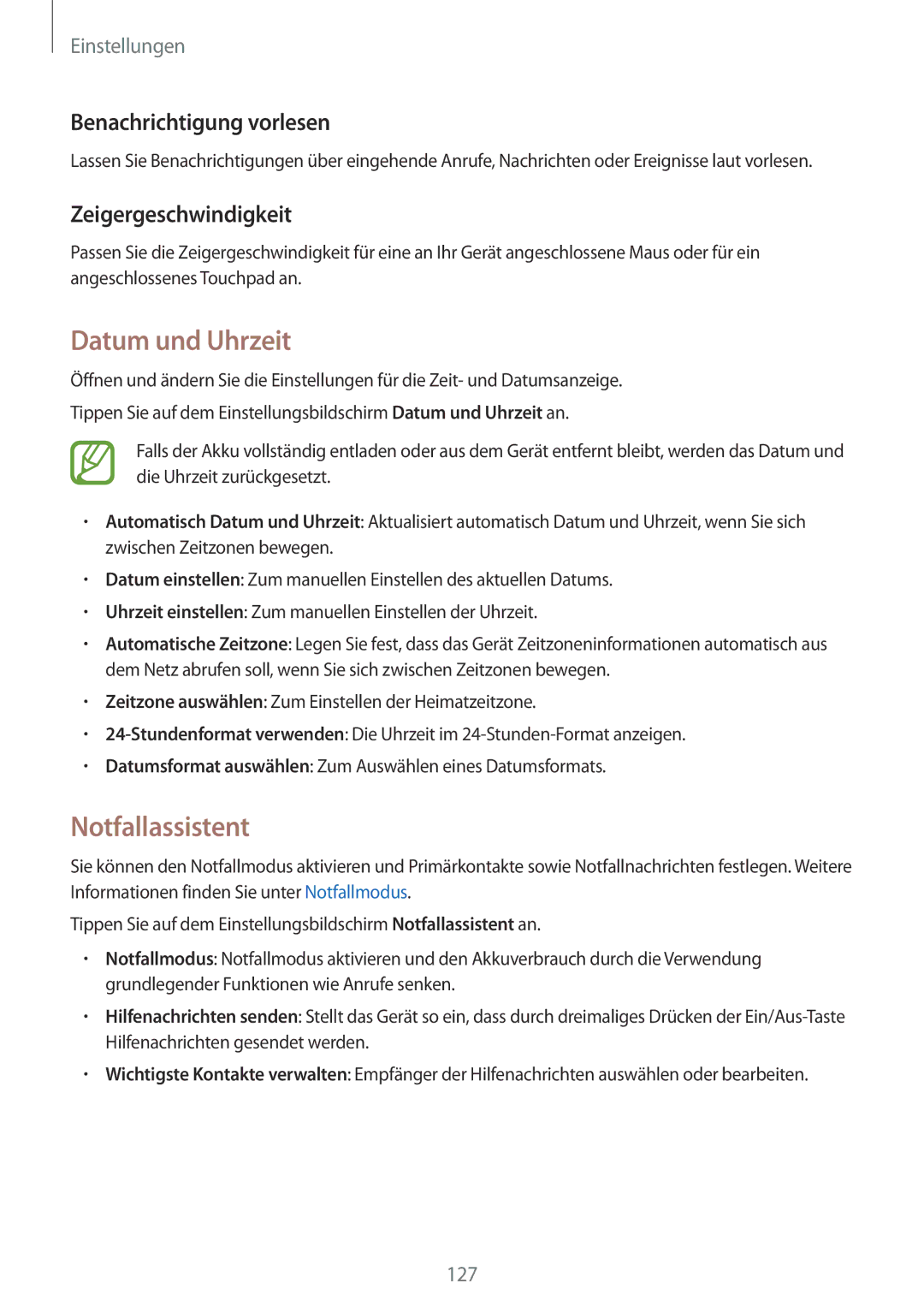 Samsung SM-A500FZKUCOS manual Datum und Uhrzeit, Notfallassistent, Benachrichtigung vorlesen, Zeigergeschwindigkeit 