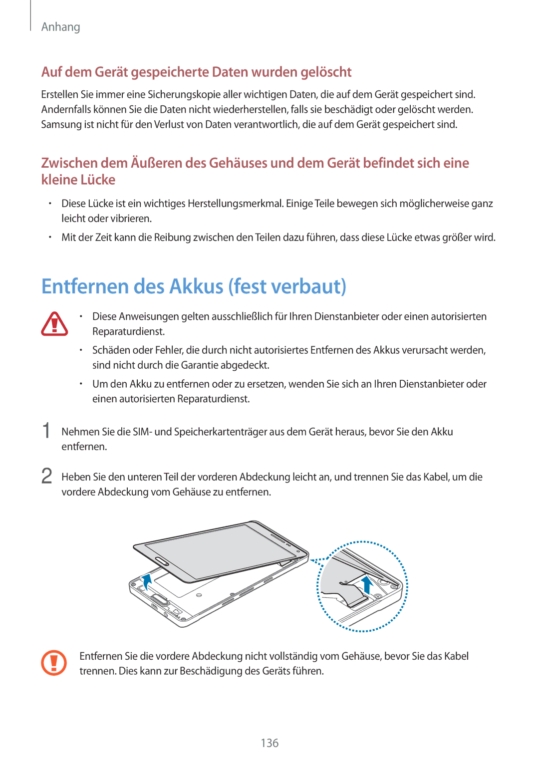 Samsung SM-A500FZWUTPH, SM-A500FZWUPRT Entfernen des Akkus fest verbaut, Auf dem Gerät gespeicherte Daten wurden gelöscht 